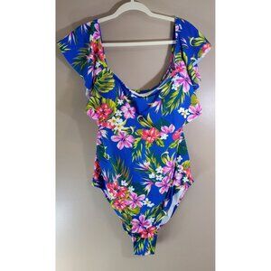 Kona Sol Blue Hawaiian Floral Print Off Shoulder Swimsuit, Size 24W Vacation